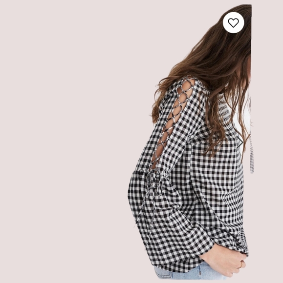 Madewell Gingham Lace-Up Black & White Plaid Bell Sleeve Top - Picture 3 of 9